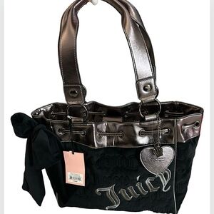 JUICY COUTURE VINTAGE DREAMS TOTE BLACK VELOUR & METALLIC GUNMETAL GRAY LOGO NWT